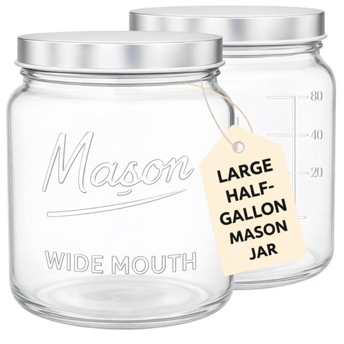 Kitchentoolz 64 oz Mason Jars Wide Mouth 2-Pack – Half Gallon Glass Jar with Lid – Large Mason Jars with Lids for Food Storage, Canning, and Fermenting