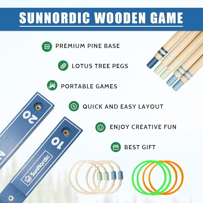 Wooden Ring Toss Game Set, Backyard Beach Camping Game with Toss Rings & Portable Carrying Bag, Outdoor Lawn & Yard Games for Kids, Adults & Family