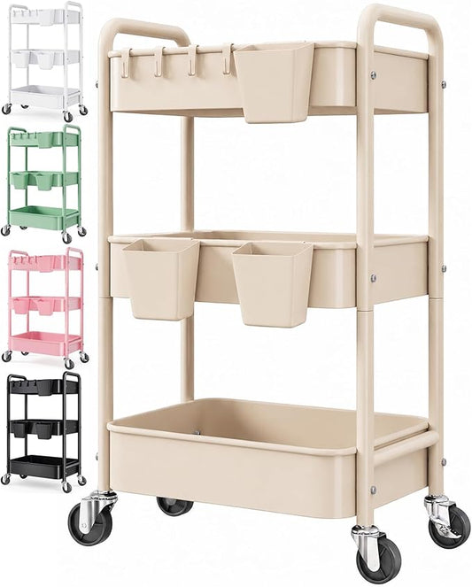 3 Tier Beige Rolling Storage Cart Metal on Wheels, Cream Three Tiered Diaper Caddy with Wheels,Utility Organizer Trolley for Nursery,Postpartum,Art,Craft,Khaki Roller Bedside Carts for Baby Essentials