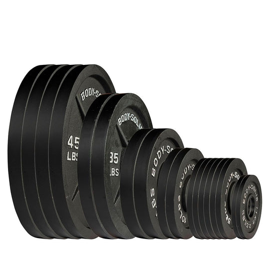 Body-Solid (OSB355) Cast Iron Olympic Weight Plate Set, Free Weights Dumbbell Plates with 2 Inch Standard Hole for All Olympic Barbell Types, 355 lb Total Weight Sets, Black