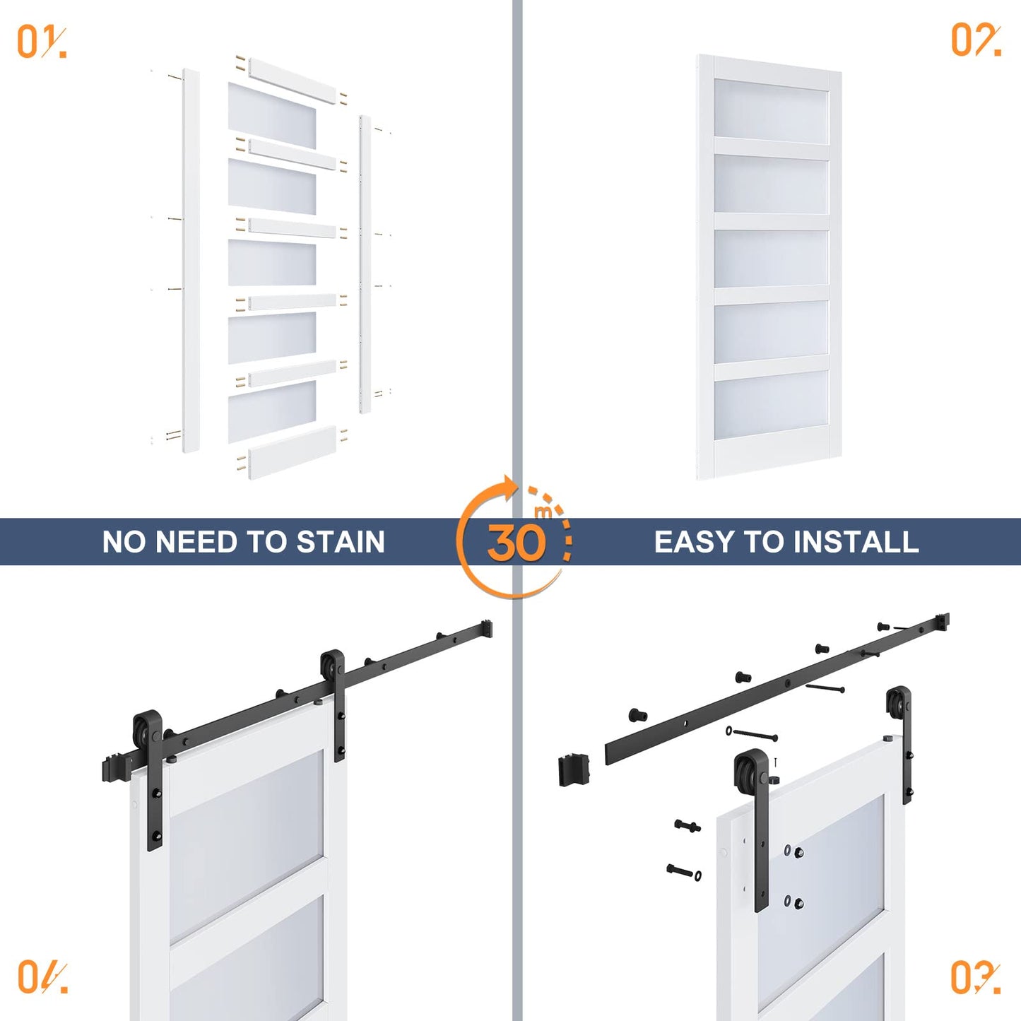 ROYMELO 40x84 Inch Glass Sliding Barn Door Slab and 7ft Hardware Kit Included, 5 Frosted Glass, LVL Wood Panel Covered with White Water-Proof Scratch-Proof PVC Surface, Simple DIY Assembly
