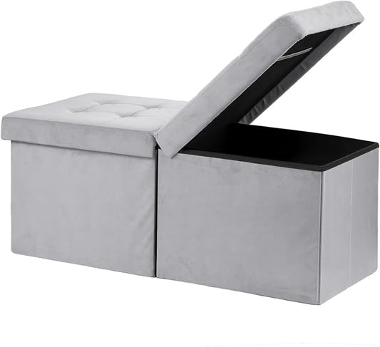 AmasSmile® Storage Ottoman Foot Rest Stool, 34 inch Velvet Footstool Bench, Short Ottoman Stool, Small Folding Storage Ottoman Store Books, Records, Grey