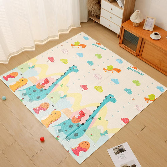 Baby Play Mat for Floor 79 x 71”Reversible Foldable Foam Extra Large Thick Foam Playmat Babies Waterproof Crawling Mat for Infants Toddlers and Kids Indoor Outdoor Use (Alphabet and Dinosaurs)