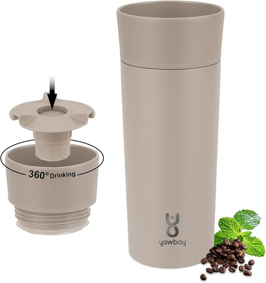 Travel Coffee Mug with 360°Lid, Travel Coffee Tumbler 12 oz Leak Proof, Stainless Steel Insulated Travel Mugs for Hot and Cold Spill Proof Leak Proof(Taupe)