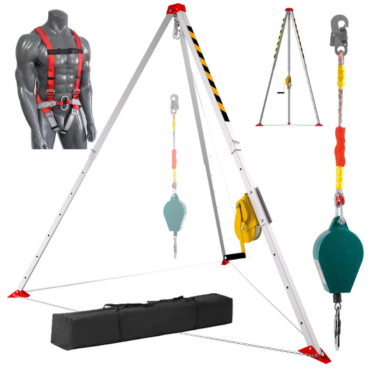 3000lbs Confined Space Tripod Kit, 3000 Lbs Winch, Adjustable 7' Legs & 98' Cable, Steel Confined Space Rescue Tripod with 33' Fall Protection/Harness/8' Protection Chain for Confined Spaces Safety