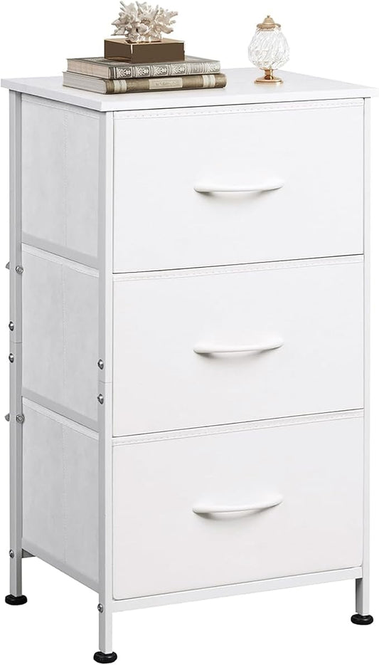 WLIVE Nightstand with 3 Drawers, Fabric Dresser, Organizer Unit, Storage Dresser for Bedroom, Hallway, Entryway, Closets, Sturdy Steel Frame, Wood Top, Easy Pull Handle, White