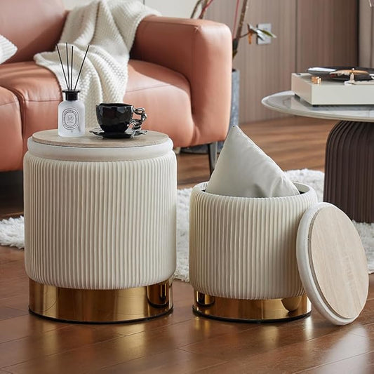 Velvet Round Ottoman Set of 2 with Storage 12 Gallon Capacity - Multi-Functional Stool for Living Room, Footrest, Vanity Seat, Coffee Table, Sturdy 300lb Capacity（Cream White）