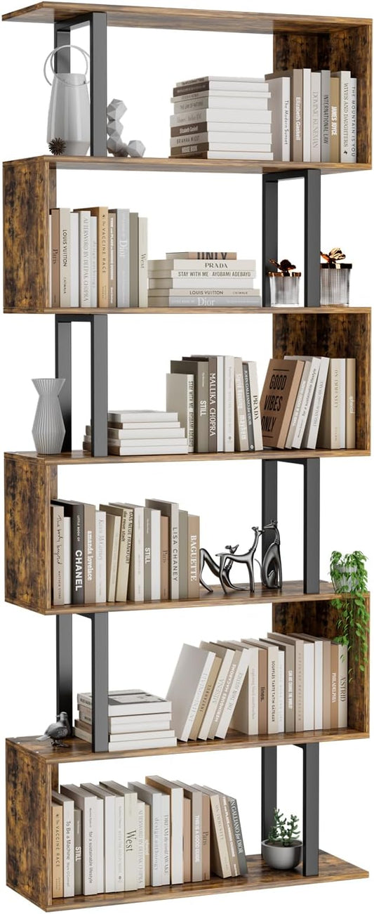 Gadroad 6 Tier Geometric Bookcase,S Shaped Bookshelf, Wood Decorative Storage Shelving, Modern Freestanding Display Shelves, Tall Book Shelf Unit for Living Room Bedroom, Rustic Brown