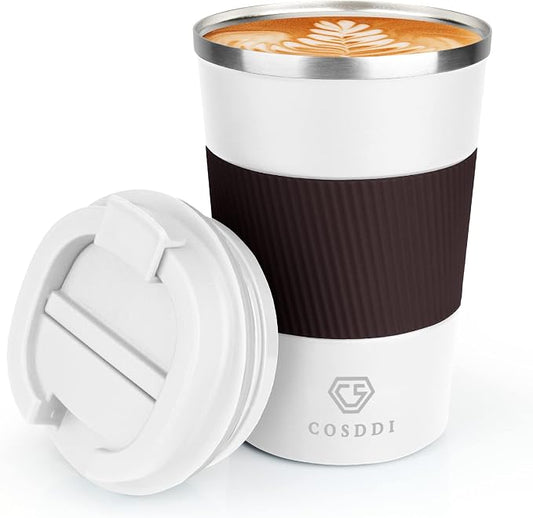 CS COSDDI 12 oz Stainless Steel Vacuum Insulated Tumbler - Coffee Travel Mug Spill Proof with Lid - coffee Cup for Keep Hot/Ice Coffee,Tea and Beer (3rd White)
