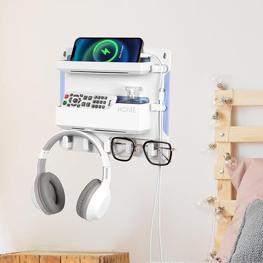 YONGAIJIA Bedside Wall Mount Shelf, Adhesive Bedside Organizer for Remote、Phone、Glasses. Bedside Accessories Storage Suitable for College Dorm 、bunk Bed 、 Bedroom、Rv（White）