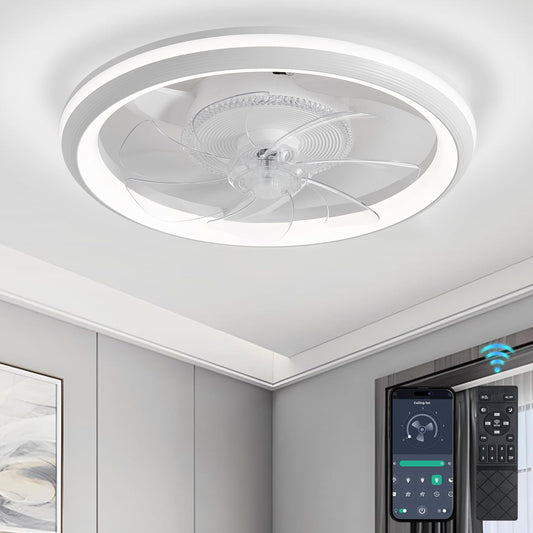ZHIANN Ceiling Fans with Lights and Remote, 19.3" Low Profile Ceiling Fan, Dimmable Brightness and Color Temperature, 6 Wind Speeds Flush Mount Fan Light for Bedroom, Living Room and Kids Room, White