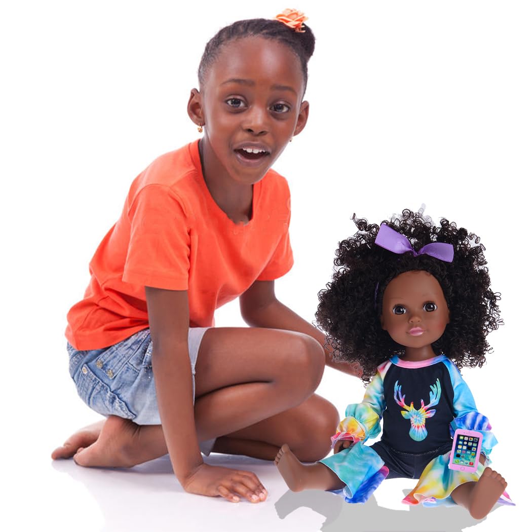 iBayda 14.5 Inch African-American Silicone Baby Doll - Realistic Black Girl Doll with 2 Outfits, Shoes, Backpack, Camera, Glasses & Phone Accessories (Washable)
