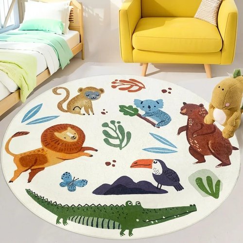Lacomfy Kids Play Mat Jungle Rug Circle Animal Carpet 4Ft Round Zoo Bedroom Area Rug for Boys Girls Nursery Decor Soft Playroom Throw Rug Floor Mat Kids Room Bedroom