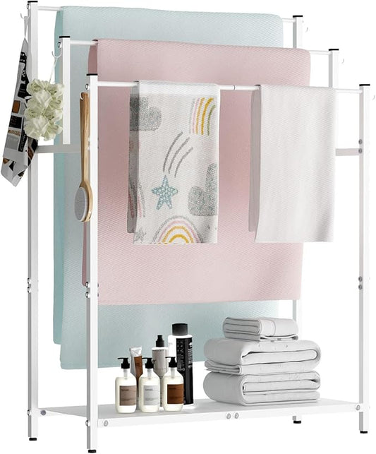 Mondazie 44” Tall Free Standing Towel Racks with 6 Hooks for Bathroom, 3 Tiers Oversized Pool Bath Towels Drying Stand, Metal Blanket Ladder Holder with Storage Shelf for Bedroom Living Room, White