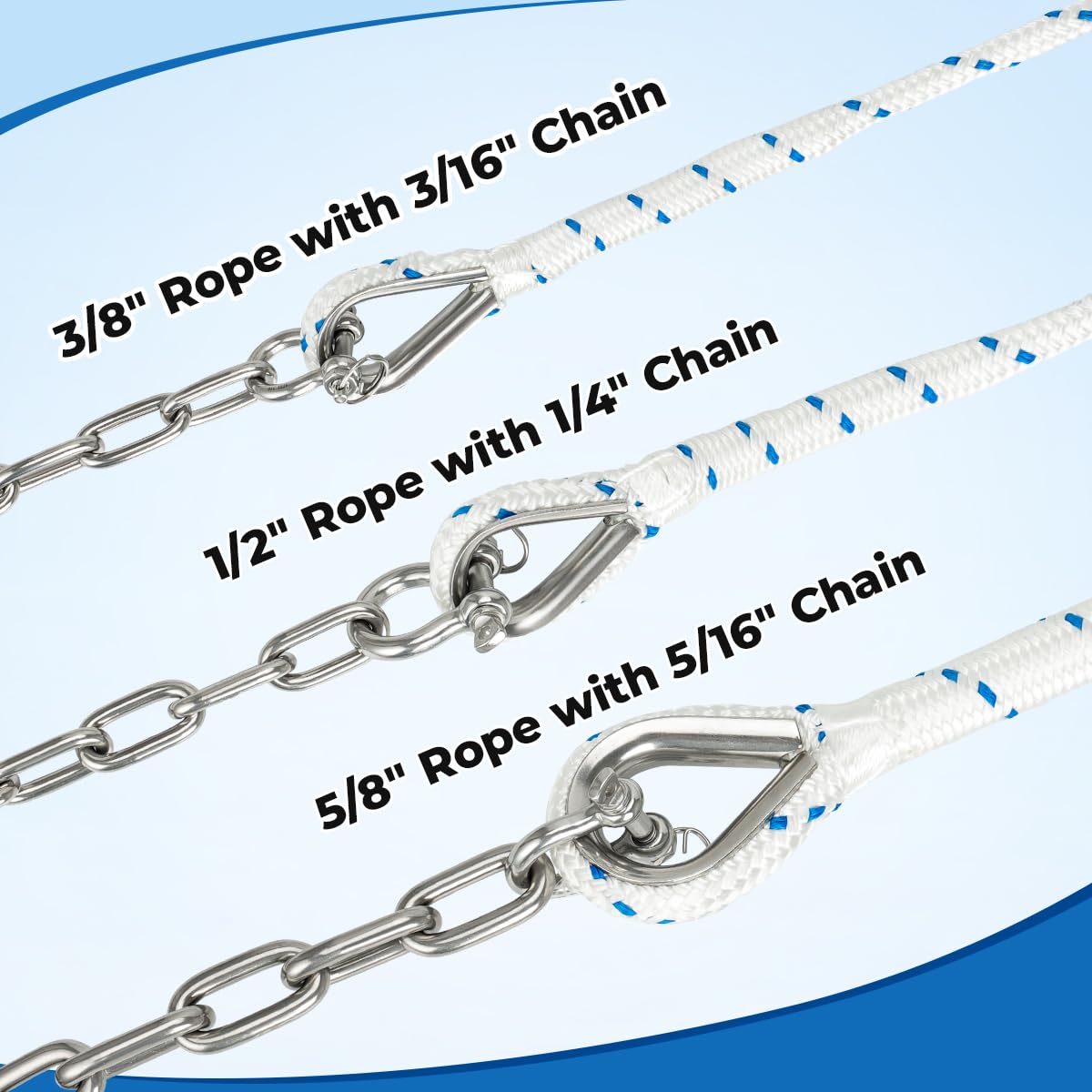 FUCNEN1/2 Boat Anchor Rope 200 FT with 316 Stainless Steel Chain 1/4" x 10 FT, 5/16" Anti-Off Shackles and 1/2" Thimble, Anchor Rode for Mooring, Boats Pontoon, Deck, Fishing, Sail
