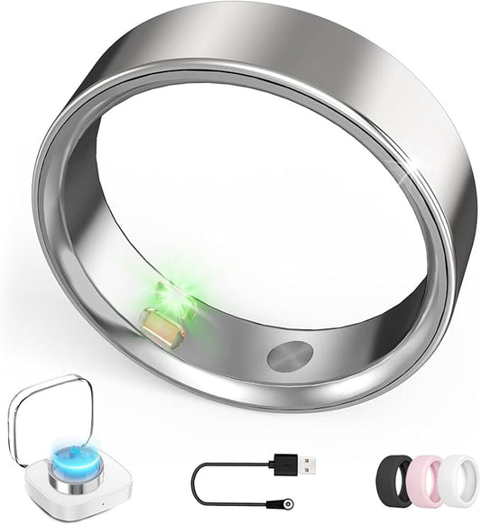 Smart Ring with Vibration Alerts, Health Tracker Ring with Body Temperature Monitor, Heart Rate, Sleep & Fitness Tracking, Waterproof Activity Ring for Men & Women, No App Fees (Silver, 7#)