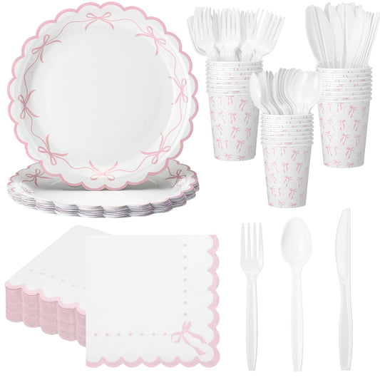 Sieral 144 Pcs Pink Scalloped Bow Party Supplies Coquette Cute Party Supplies Bachelorette Tableware Set Bow Paper Plates Napkins Cups for Girl Boy Baby Shower Wedding Birthday Decoration