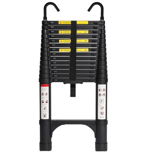 BOCOM 14.5 FT Aluminum Telescoping Ladder with Hooks, Lightweight Multi-Purpose Collapsible Extension with 2 Triangle Stabilizers, Heavy Duty 330 lbs Max Capacity for Home, RV, and Outdoor Work Black