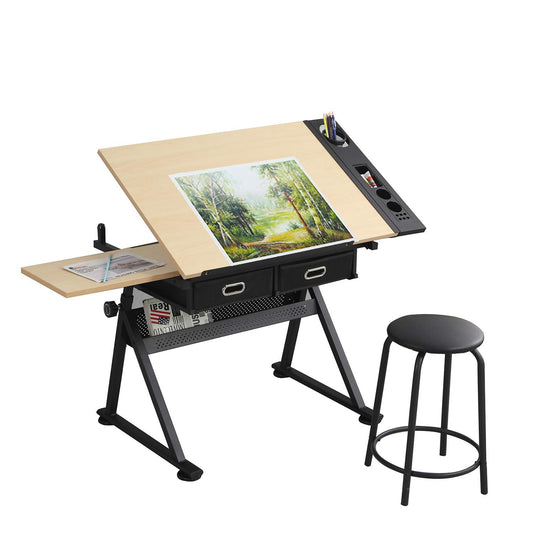 4everwinner Height Adjustable Drafting Desk Drawing Table Tiltable Tabletop with Stool and 2 Storage Drawer for Reading, Folding Draft Table Painting Writing Art Craft Desk Work Station (Wood)
