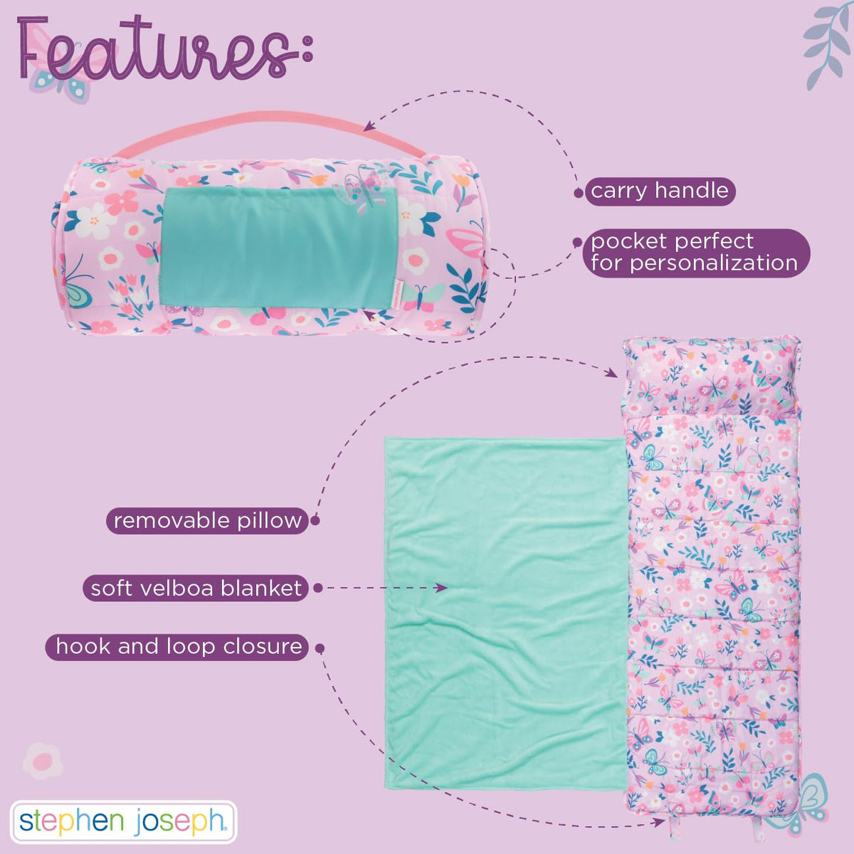 Stephen Joseph, Toddler All Over Print Nap Mat with Soft Blanket and Removable Pillow for Boys & Girls, Kids Sleeping Bag for Elementary, Daycare, Preschool with Carry Handle, Pink Unicorn