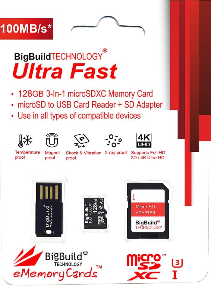 BigBuild Technology 128GB 100MB/s U3 A01/A01 A02/A02s, A03/A03s/A03 Ultra Fast microSDXC Memory Card for Samsung Galaxy