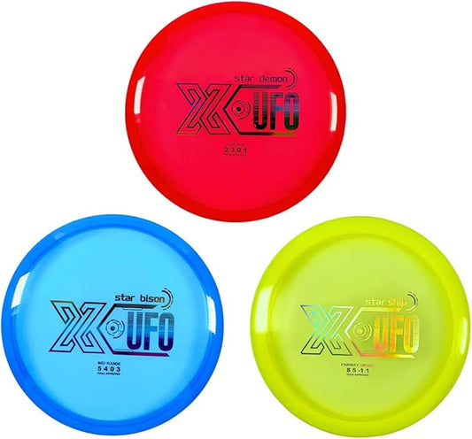 X-UFO Disc Golf Set - Disc Golf Beginner's Set 3-Piece Set with Putter, tee, and mid-Range disc, 170-178 Grams, for Beginners and Professional disc Golf tournaments.