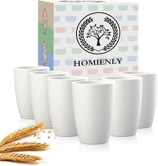 Homienly Kitchen Cups 12 OZ Wheat Straw Drinking Glasses–Unbreakable, Lightweight & Reusable Alternative to Plastic Cups,Dishwasher Safe Cups for Kitchen & Outdoor Use (White, 6 PCS)