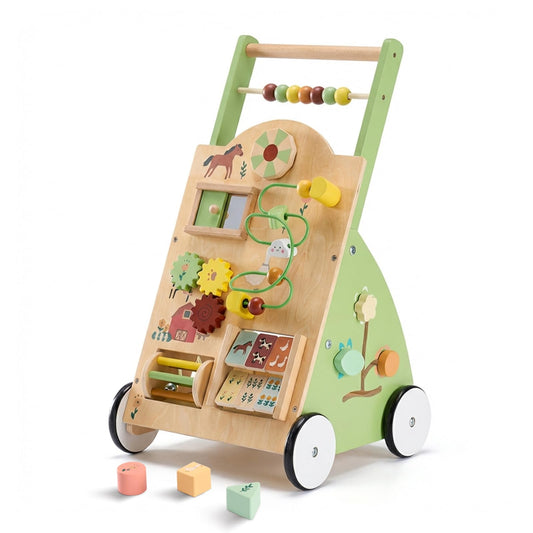 DUMOS Wooden Baby Push Walker, Montessori Activity Toys with Adjustable Speed for 1 Year Old, Silent Rubber Wheels, Green