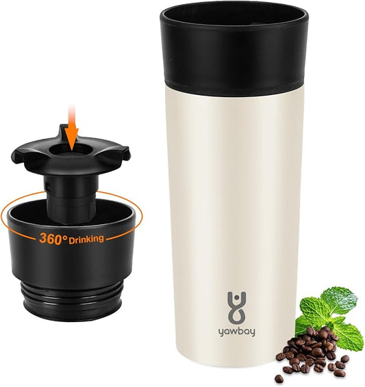 Travel Coffee Mug with 360°Lid, Travel Coffee Tumbler 12 oz Leak Proof, Stainless Steel Insulated Travel Mugs for Hot and Cold Spill Proof Leak Proof(Beige)
