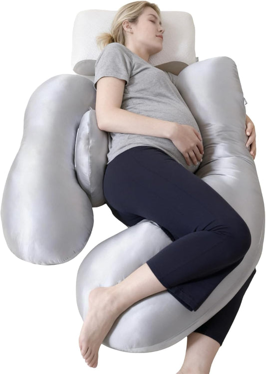Skiennix Pregnancy Pillow - H-Shaped Full Body Support with Adjustable Cooling Cover | Grey
