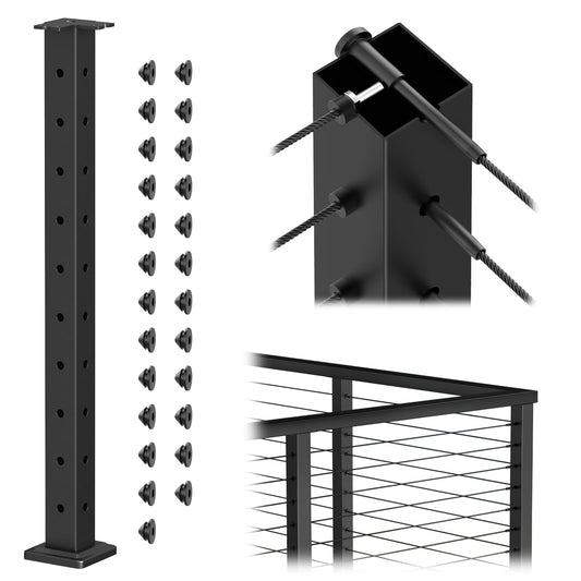 BLIKA 36" Cable Railing Corner Post(Post 35"x2"x2"), 3-Side Drilled Flat Top Surface Mount Corner Post, Stainless Steel Black Handrail Corner Post for Cable Railing Kits, BL05-CP