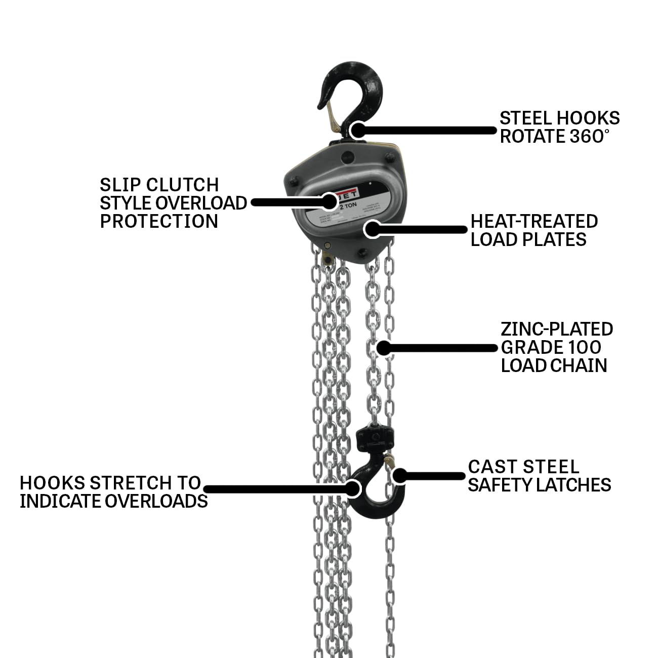 JET 2-Ton Hand Chain Hoist, 15' Lift, Overload Protection (L-100-200WO-15)
