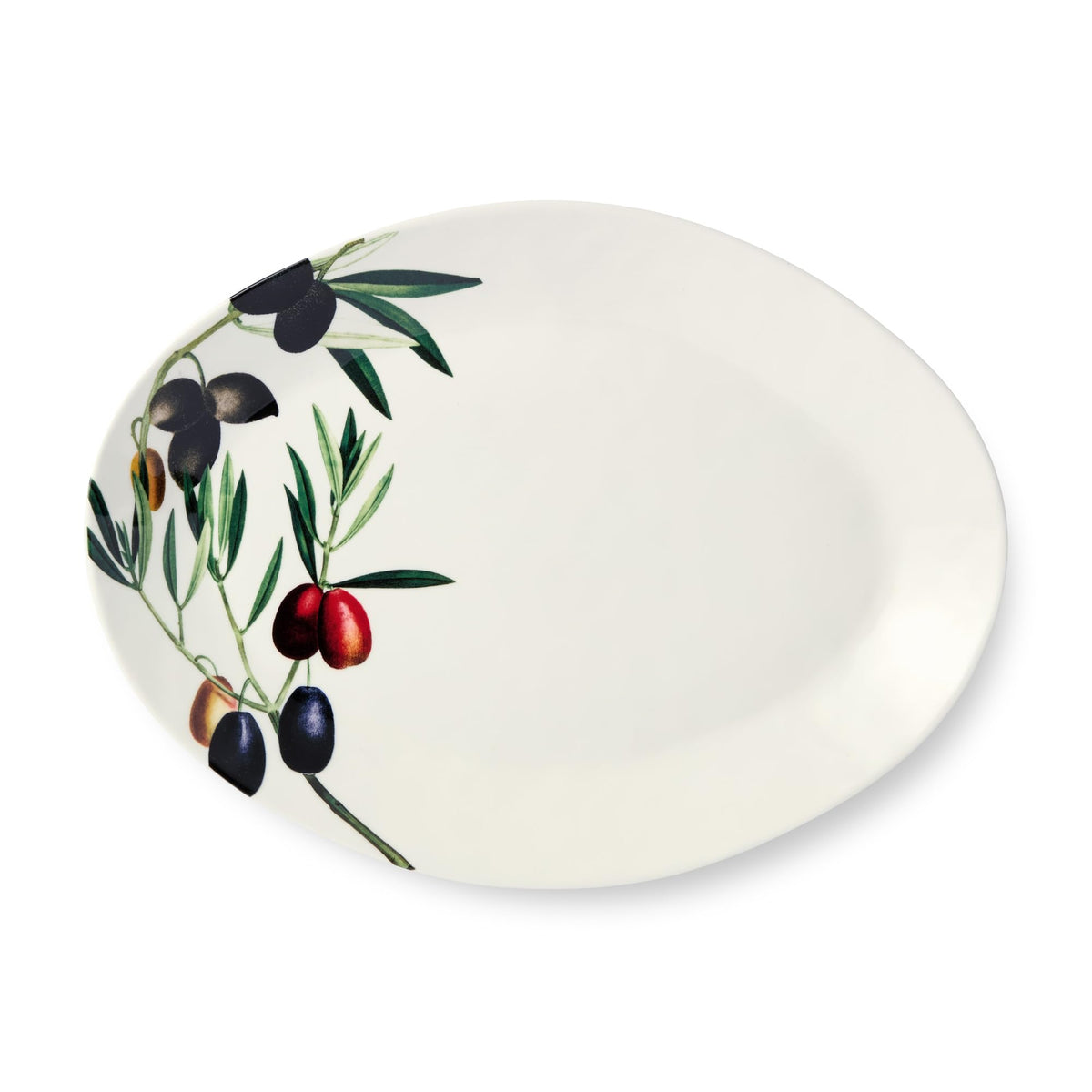 Olivia 16-Inch x 12-Inch Stoneware Oval Platter - Mediterranean Olive Branch Design with Vibrant Green and Earthy Tones, Perfect for Serving Appetizers and Main Courses