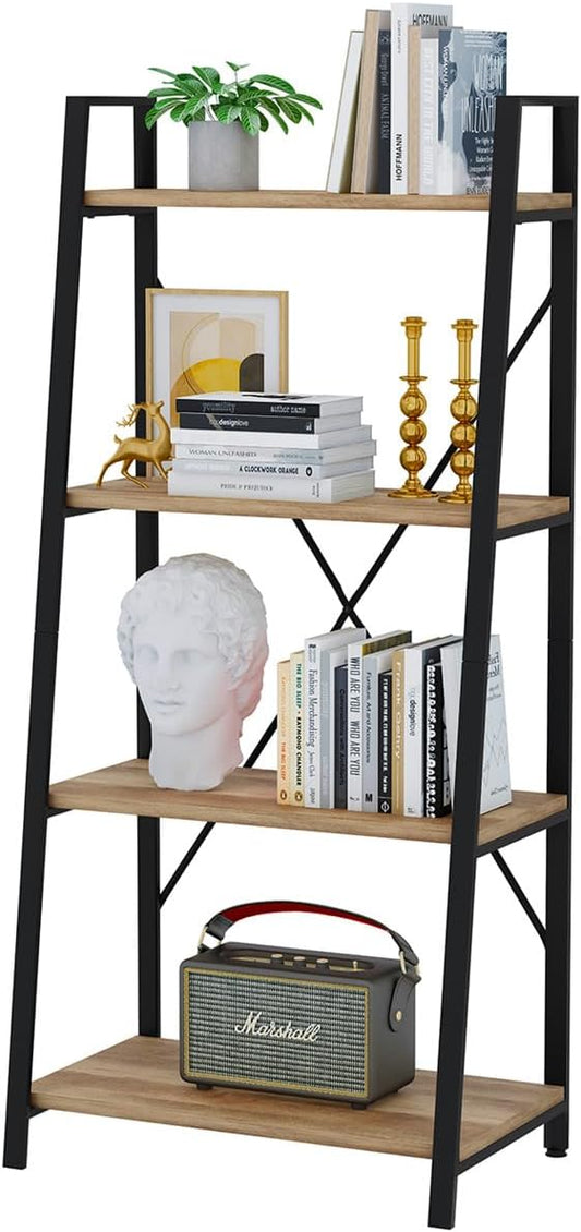 BON AUGURE Farmhouse Ladder Shelf Bookcase, 4 Tier Rustic Ladder Bookshelf, Standing Leaning Book Shelves for Living Room (Vintage Oak)