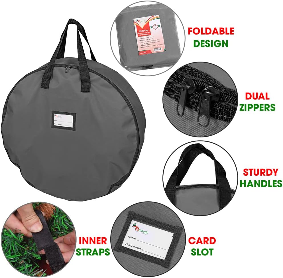 Primode Heavy Duty Wreath Storage Bag - 48" Durable 600D Oxford Polyester Container for Xmas Wreaths (Gray)
