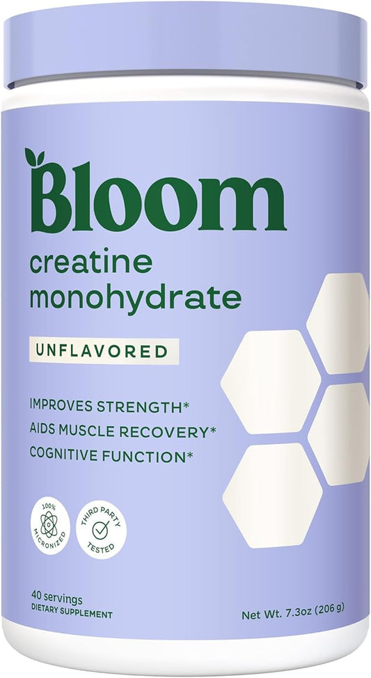 Bloom Nutrition Creatine Monohydrate Powder, 5g Micronized Creatine per Serving, Supports Muscle Recovery, Strength, Endurance, Pre or Post Workout, Gluten Free, Non GMO, Unflavored, 40 SVG, 7.3 oz