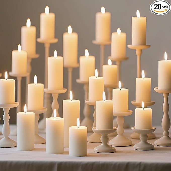 Set of 20 Pillar Candles, Unscented White Wax Pillar Candle with 30 Hours Burn Time, 2x4 Inch, Elegant Decorative White Candles for Weddings, Centerpiece, Home Decor