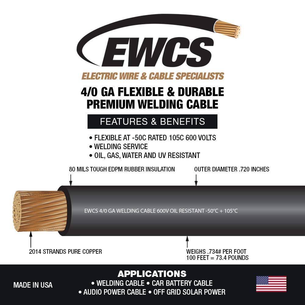 4/0 Gauge - 25 Feet Black - EWCS Brand 100% Copper Premium Industrial Grade Extra Flexible Welding Cable 600 Volt