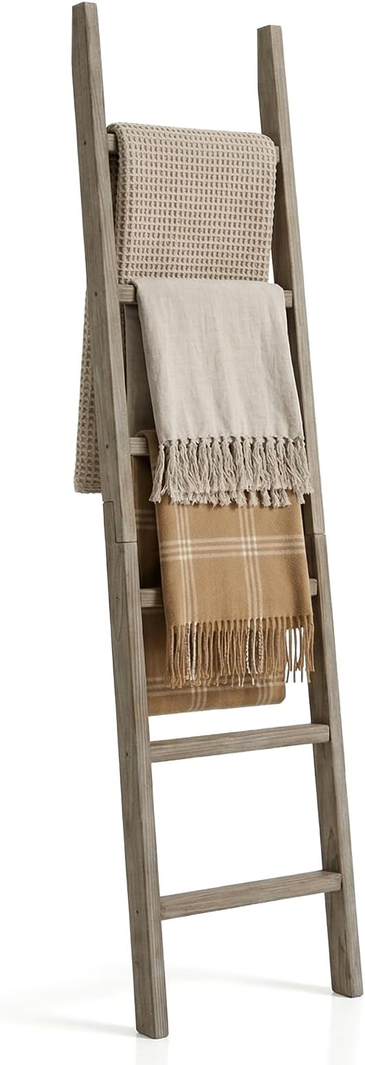 Wooden Blanket Ladder - Natural & Motley Wood - Leaning Wall Decor for Bedroom, Bathroom, Living Room - Rustic Quilt Holder & Towel Rack (Burnt Brown, 76in（6-Tier）)