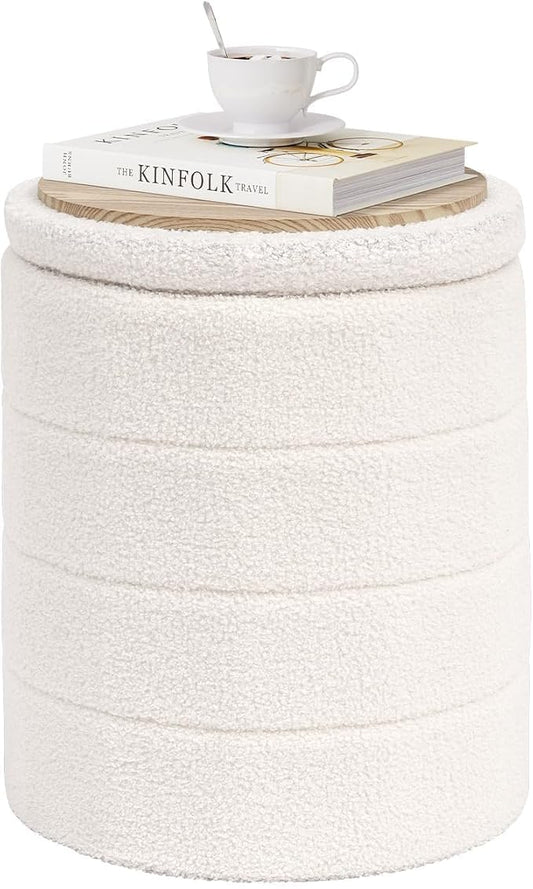 PINPLUS Round Storage Ottoman Foot Rest Stool with Tray Velvet Sherpa Folding Storage Ottoman,Boucle Foot Rest for Living Room, Bedroom, Dorm（White）