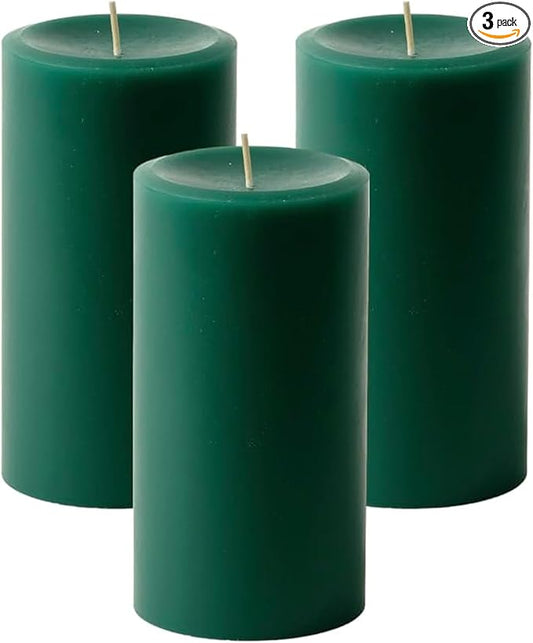 Mister Candle Dripless Unscented Pillar Candles, Set of 3 Hand Poured Hunter Green Pillar Candles, Solid Color Non-Scented Candles for Home Decor, Premium Wax, 80 Hr Burn Time, 3x6 Inch