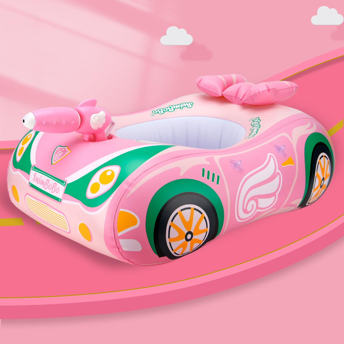 Swimbobo Toddler Pool Float Inflatable Car Baby Swim Float with Adjustable Sun Canopy and Safety Seat Pool Toys for Kids 3+ Years Old(Pink Green Car)