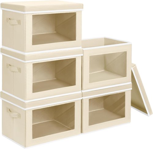 Homsorout Storage Cubes - 5 Pack Foldable Clear Window Bins for Clothes & Blankets | Large Beige Containers