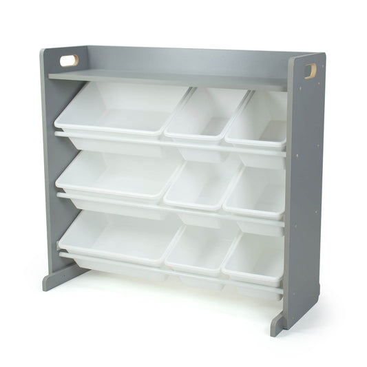 Humble Crew Toy Storage Organizer with Top Shelf and 9 Removable Bins, Grey/White – Toddler Bookshelf with Toy Organizer - Modern Toy Rack Ideal for Kids' Rooms, Playrooms, and Nurseries