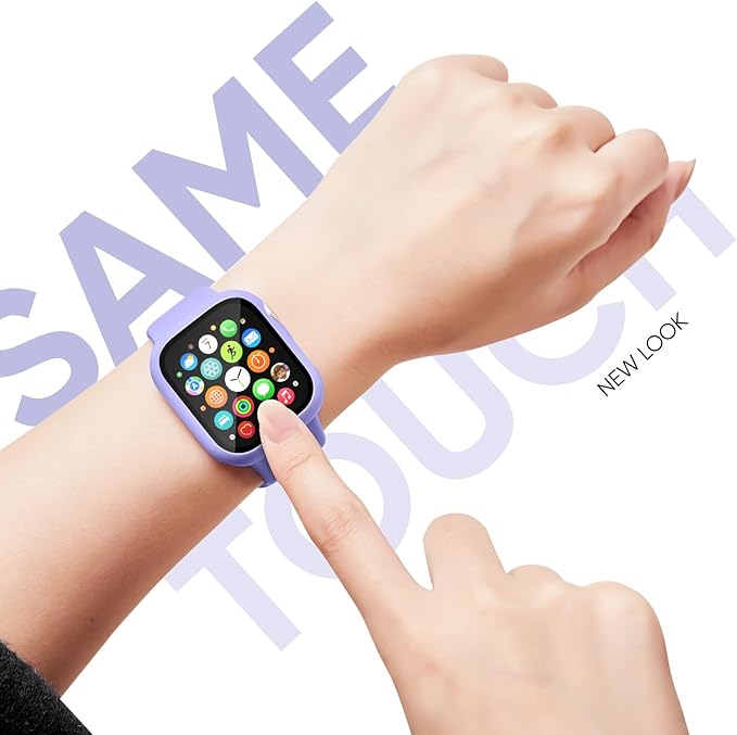 Compatible for Apple Watch Band 44mm 45mm and Case with Screen Protector, Soft Silicone Sport Strap Bands and Protective Cover with Tempered Glass for iWatch Series 9 8 7 SE 6 5 4