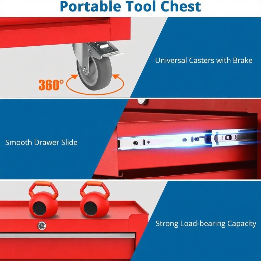 GarveeHome 4-Drawer Tool Chest, Rolling Tool Box with Wheels and Lock System, Portable Storage Rolling Tool Chest for Warehouse, Workshop & Repair Shop, Red