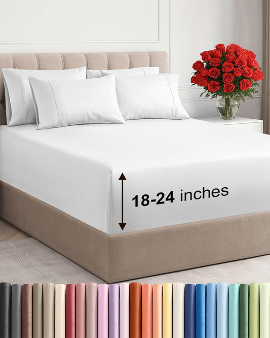 Skiennix Extra Deep King Sheet Set - 6 Piece Breathable Cooling Sheets | Luxury Hotel Bedding - Soft, Wrinkle-Free, Easy Fit - White