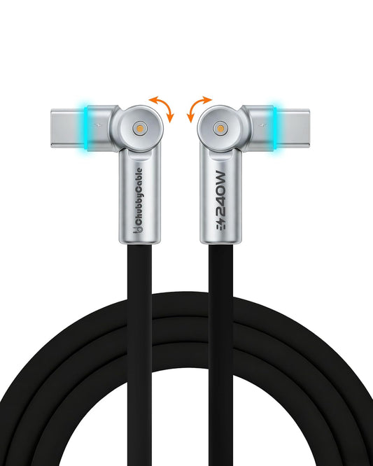 240W 180 3.3ft chubbycable Chubby RotateX Dual Rotating Fast Charging Cable with LED Light Soft Silicone USB C Cable
