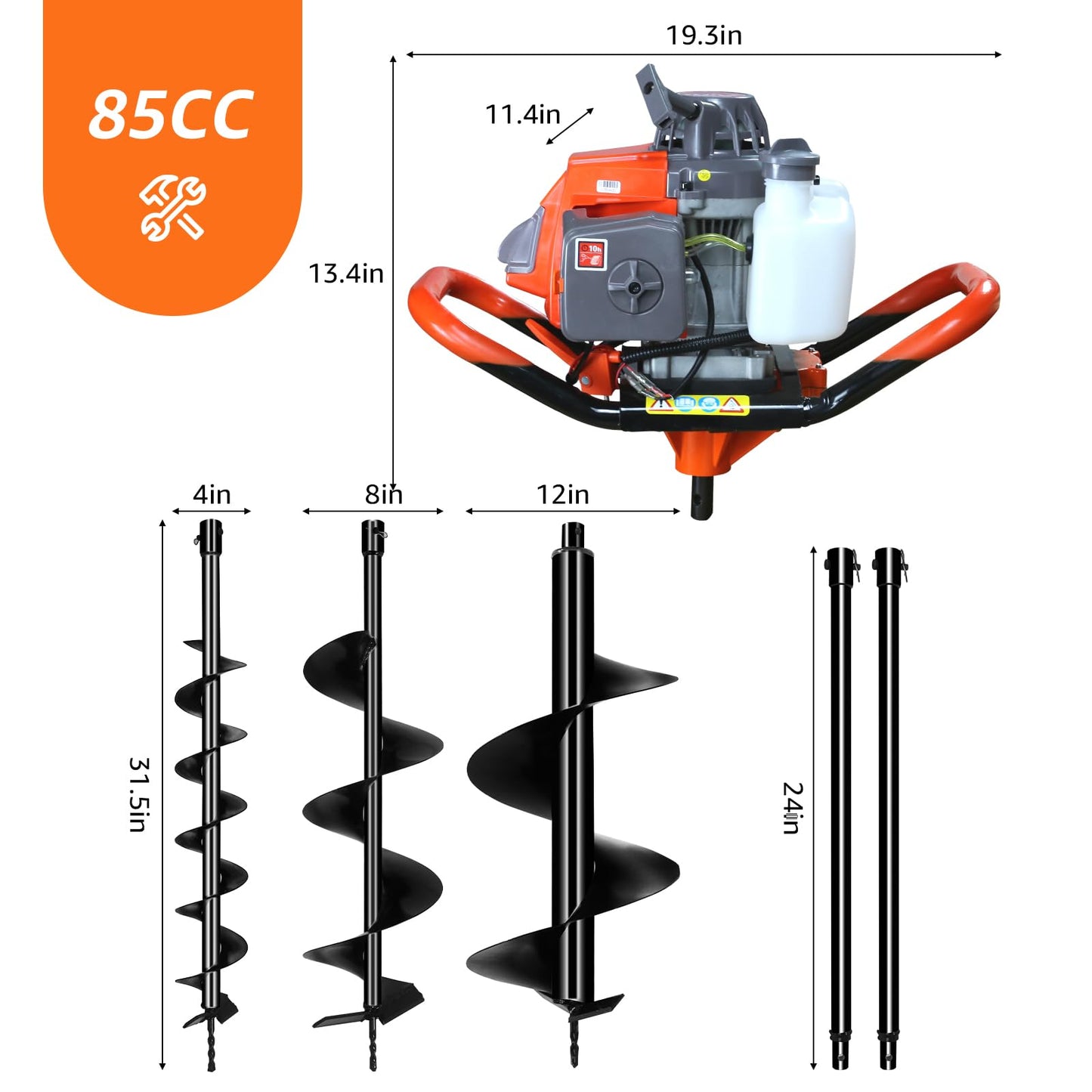 XJADQW 85CC 2-Stroke Gas Powered Post Hole Digger with 4" & 8" & 12" Auger Bits + 24“ & 24" Extension Rod, Heavy Duty Earth Auger for Farm, Garden, Landscaping, Construction