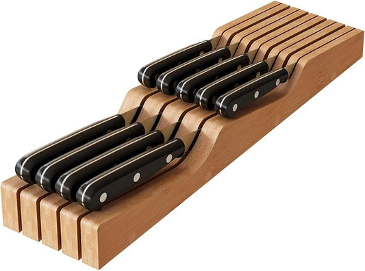 In-Drawer Knife Block Organizer - Bamboo Wood Drawer Knife Organizer-Protecting Knife Organizer Block (Not Included) (Natural, 9 Knives Dock)